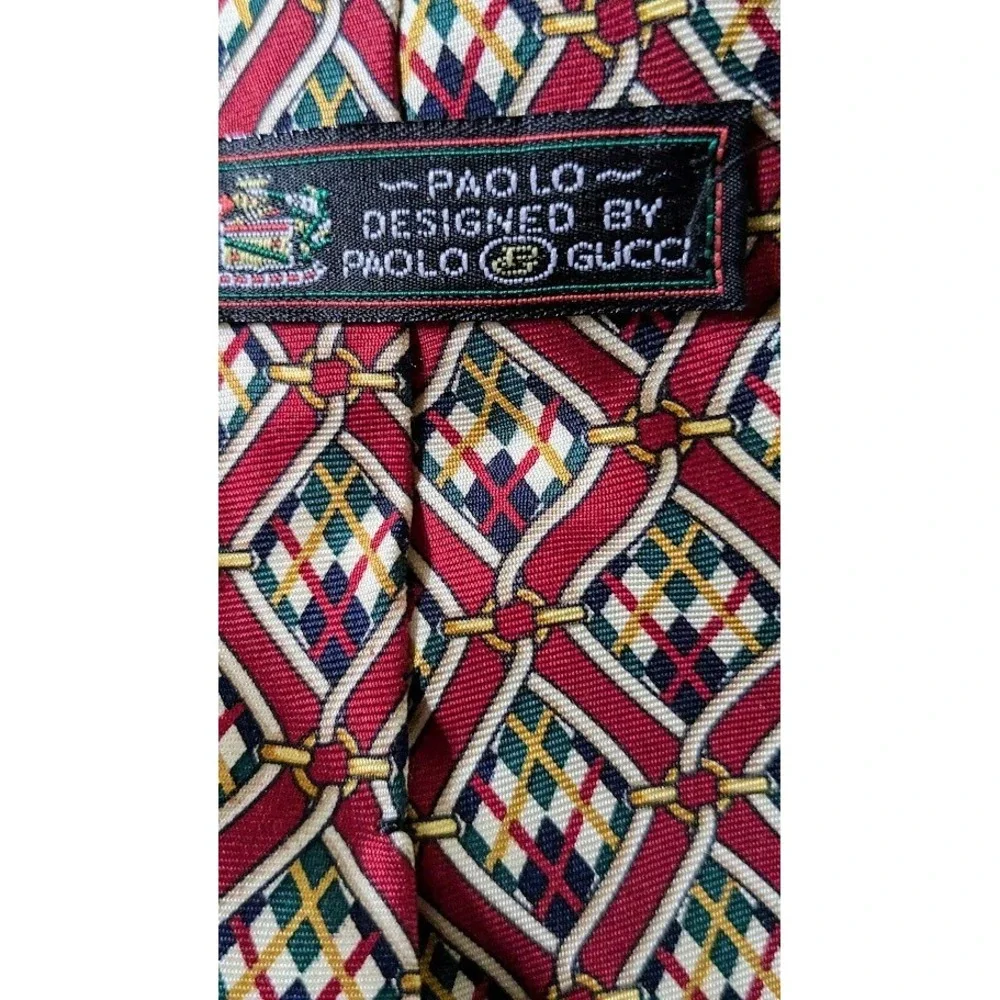 VINTAGE Paolo Gucci ITALY Men's Red Geometric Plaid Pattern Silk Neck Tie Luxury